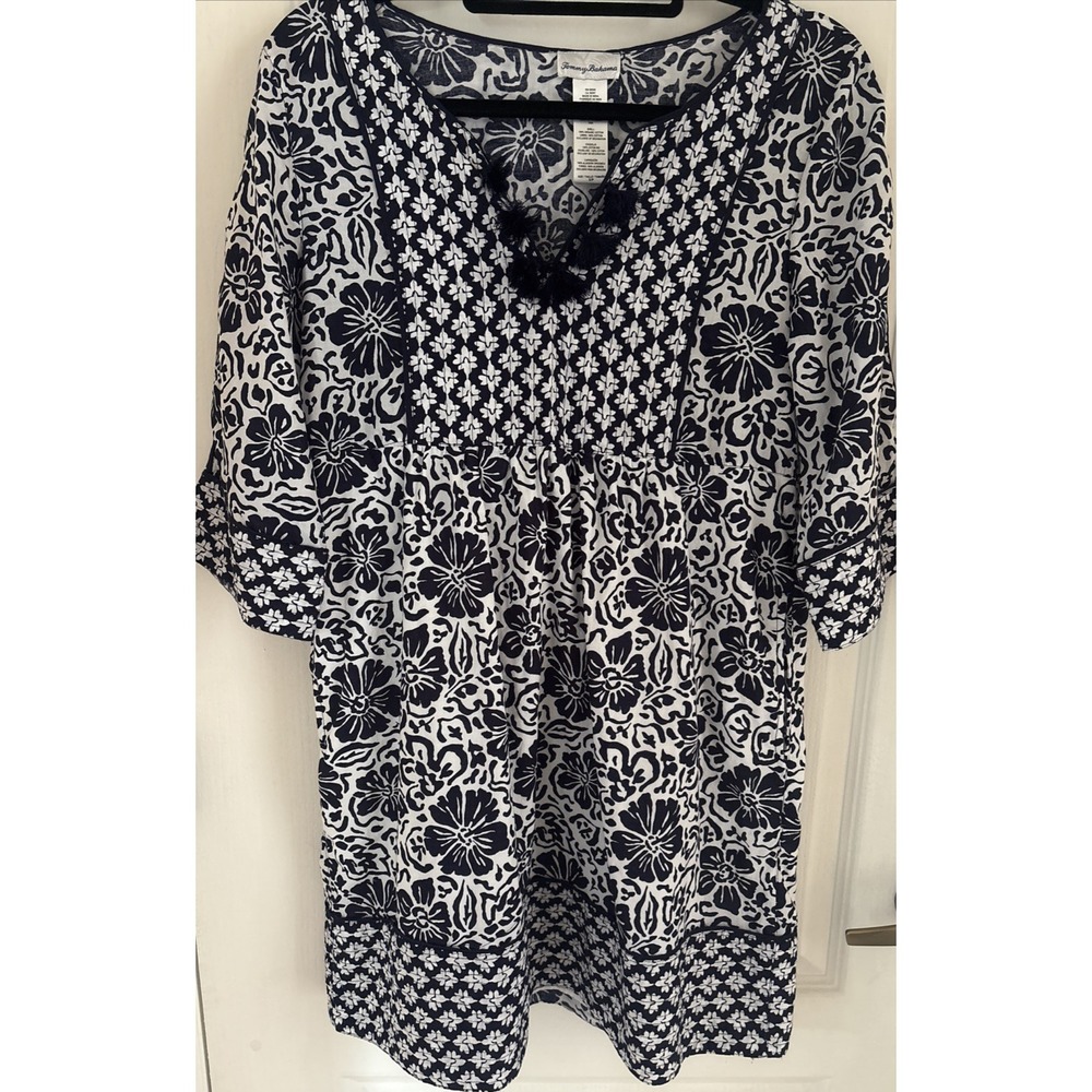 Tommy Bahama Womens Shift Dress Blue White Organic Cotton Tassel Beach Resort S